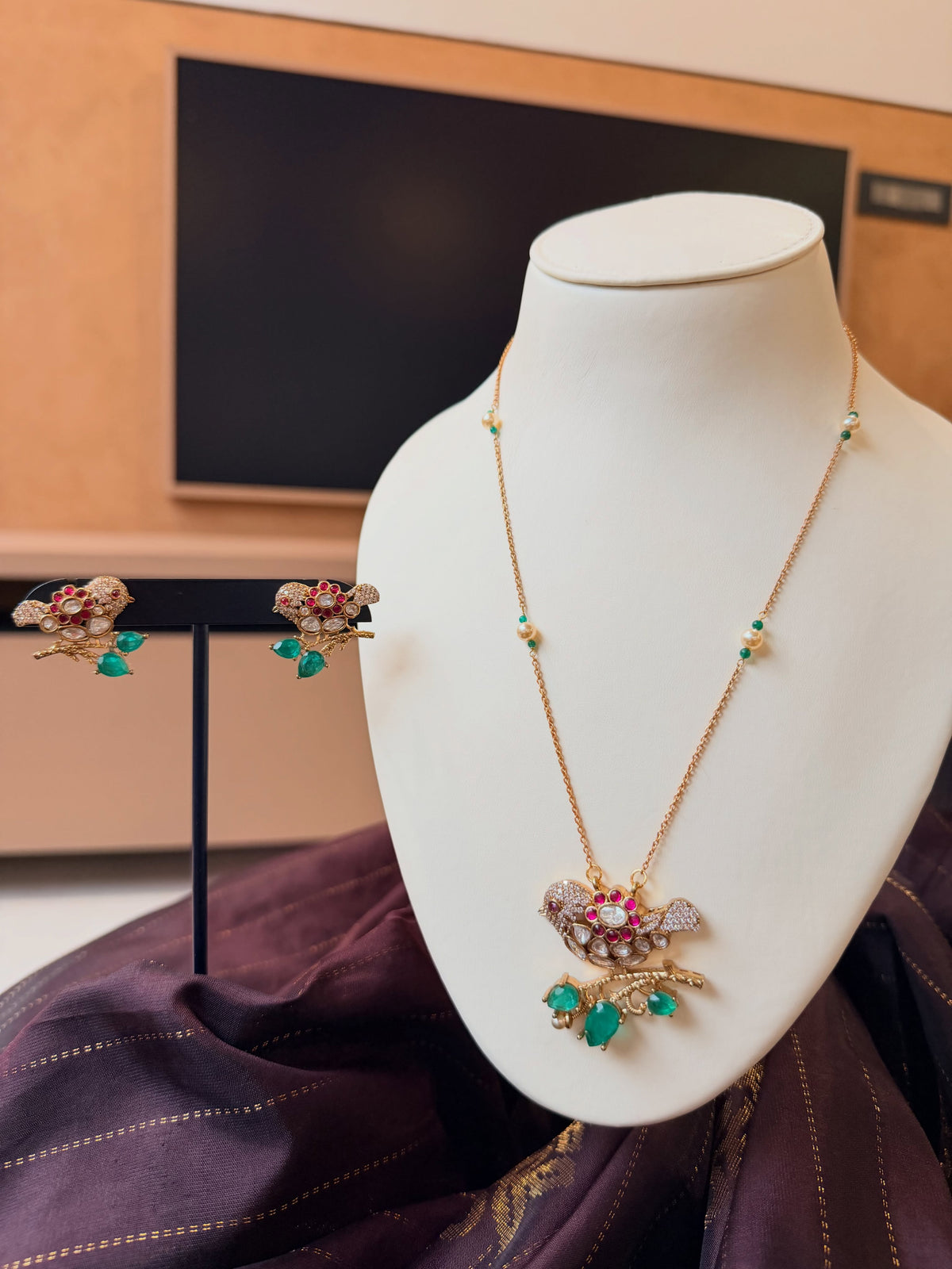 A graceful bird-inspired necklace set with ruby, emerald and pearl… – KPK028 product image 2