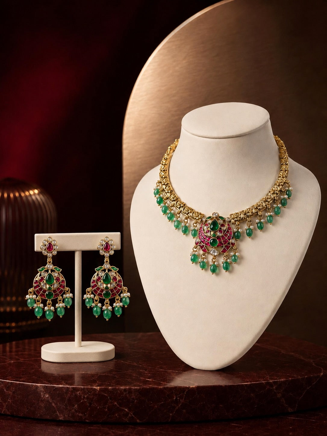 A regal antique-gold choker set adorned with ruby, emerald and pearl… – KPK029 product image 1