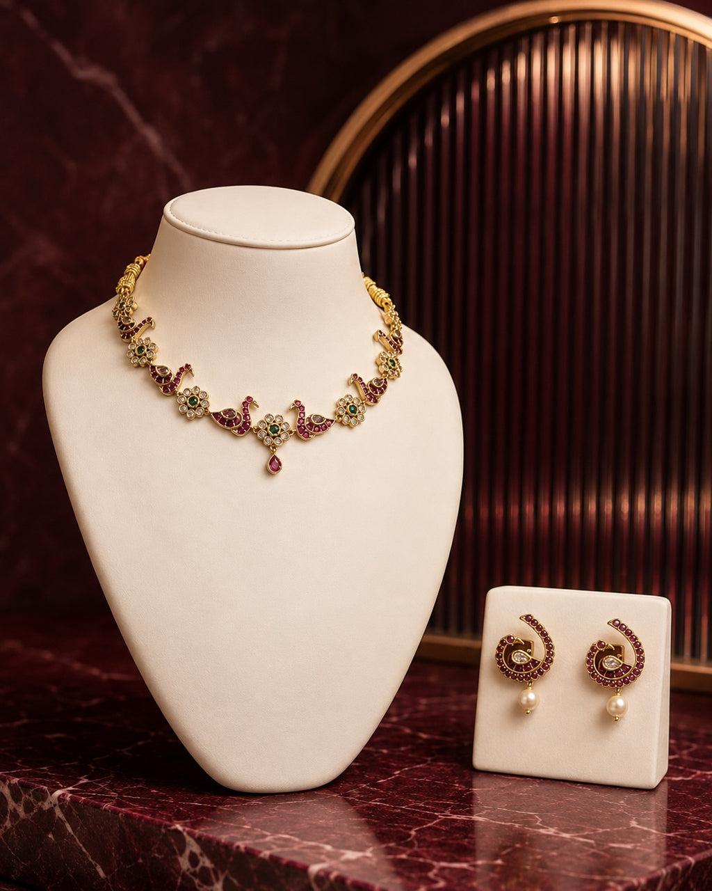 A graceful peacock necklace set featuring ruby stones, green accents… – KPK034 product image 1