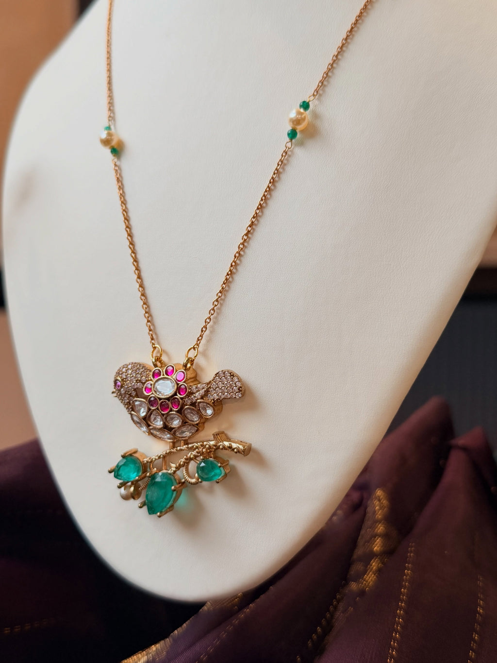 A graceful bird-inspired necklace set with ruby, emerald and pearl… – KPK028 product image 3