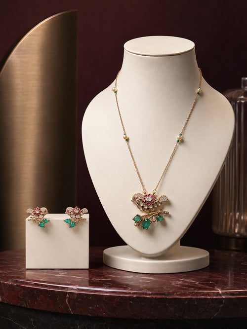 A graceful bird-inspired necklace set with ruby, emerald and pearl… – KPK028 product image 1