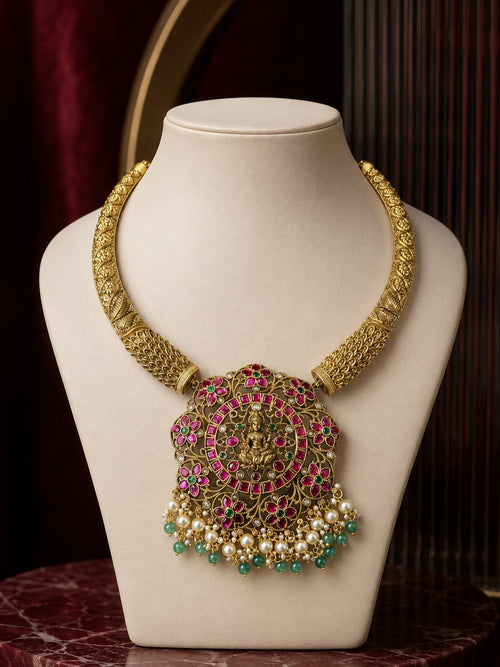 A majestic Lakshmi pendant necklace crafted in an antique-gold… – KPK039-2 product image 1