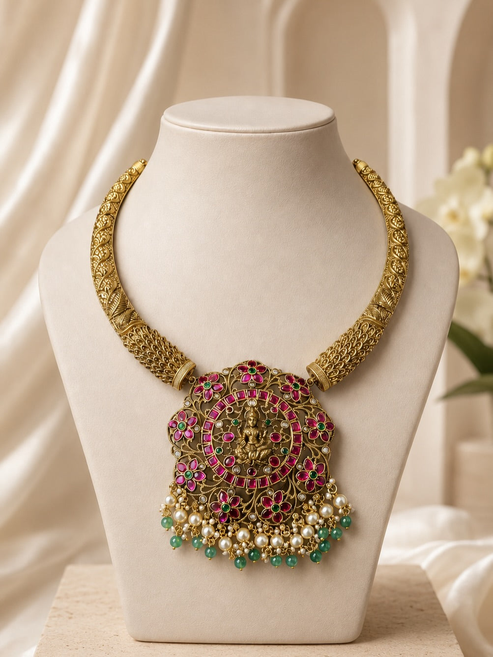 A majestic Lakshmi pendant necklace crafted in an antique-gold… – KPK039-2 product image 3