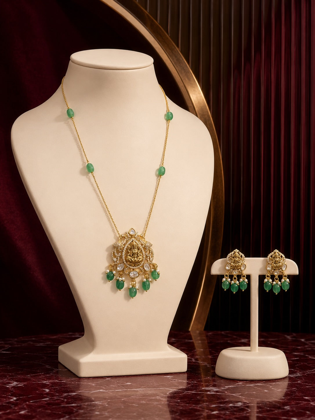 An elegant Lakshmi pendant necklace set featuring an antique-gold… – KPK039 product image 1