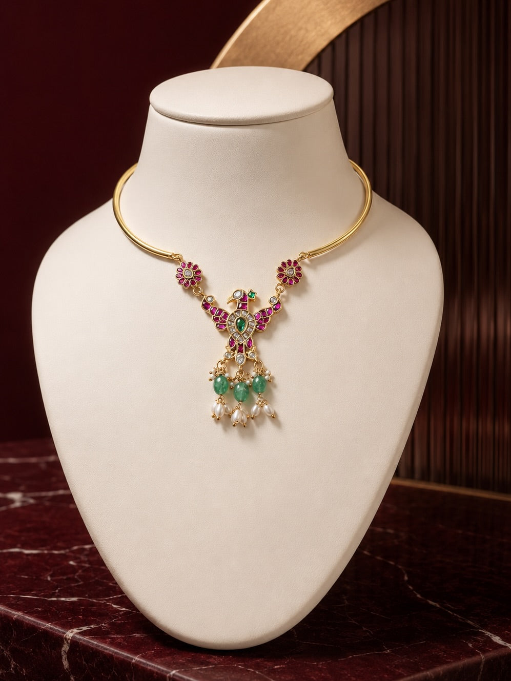 A delicate peacock necklace featuring ruby-pink stones, kundan… – KPK036 product image 1