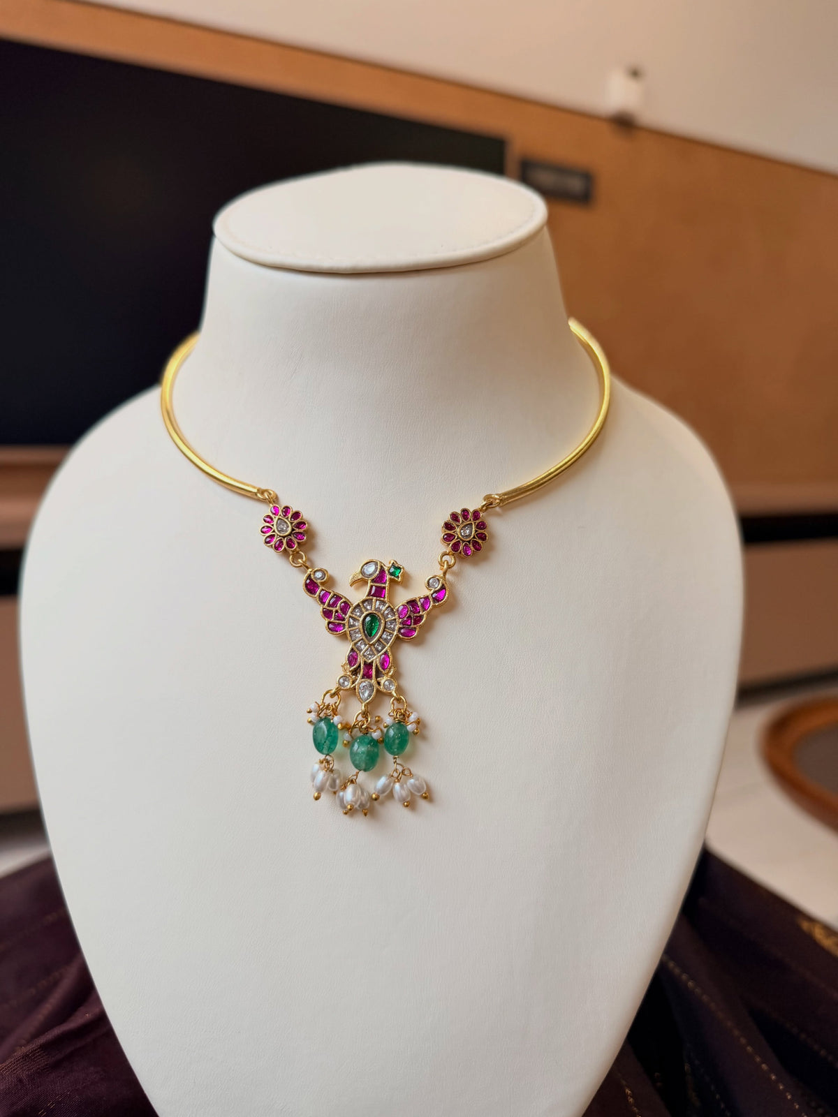 A delicate peacock necklace featuring ruby-pink stones, kundan… – KPK036 product image 3