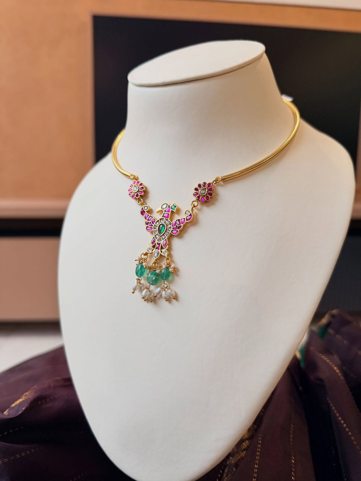 A delicate peacock necklace featuring ruby-pink stones, kundan… – KPK036 product image 2