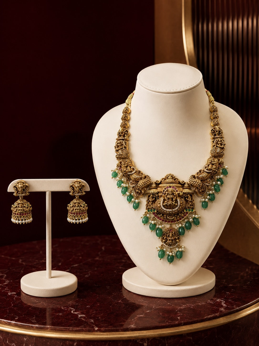 Lakshmi temple necklace set with emerald drops – KPK044