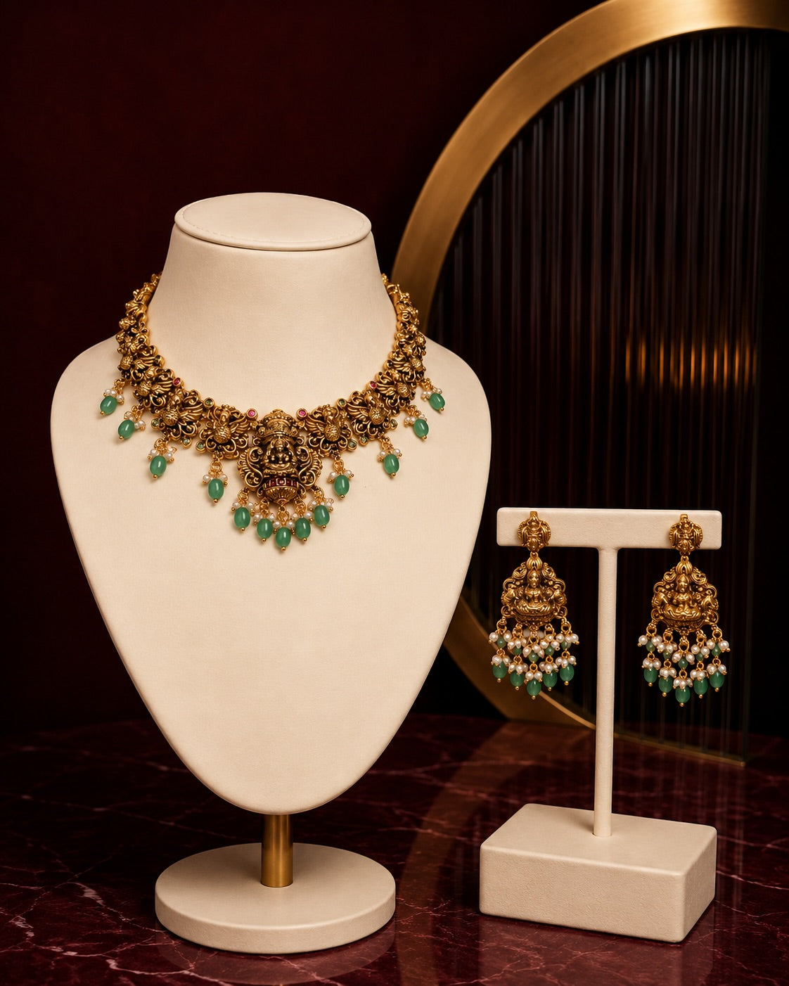 Antique Gold Nagas Necklace Set with Green Drops – image 1