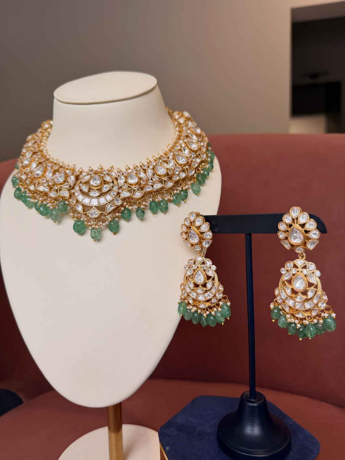 Polki Kundan Choker Set with Green Drops – image 4