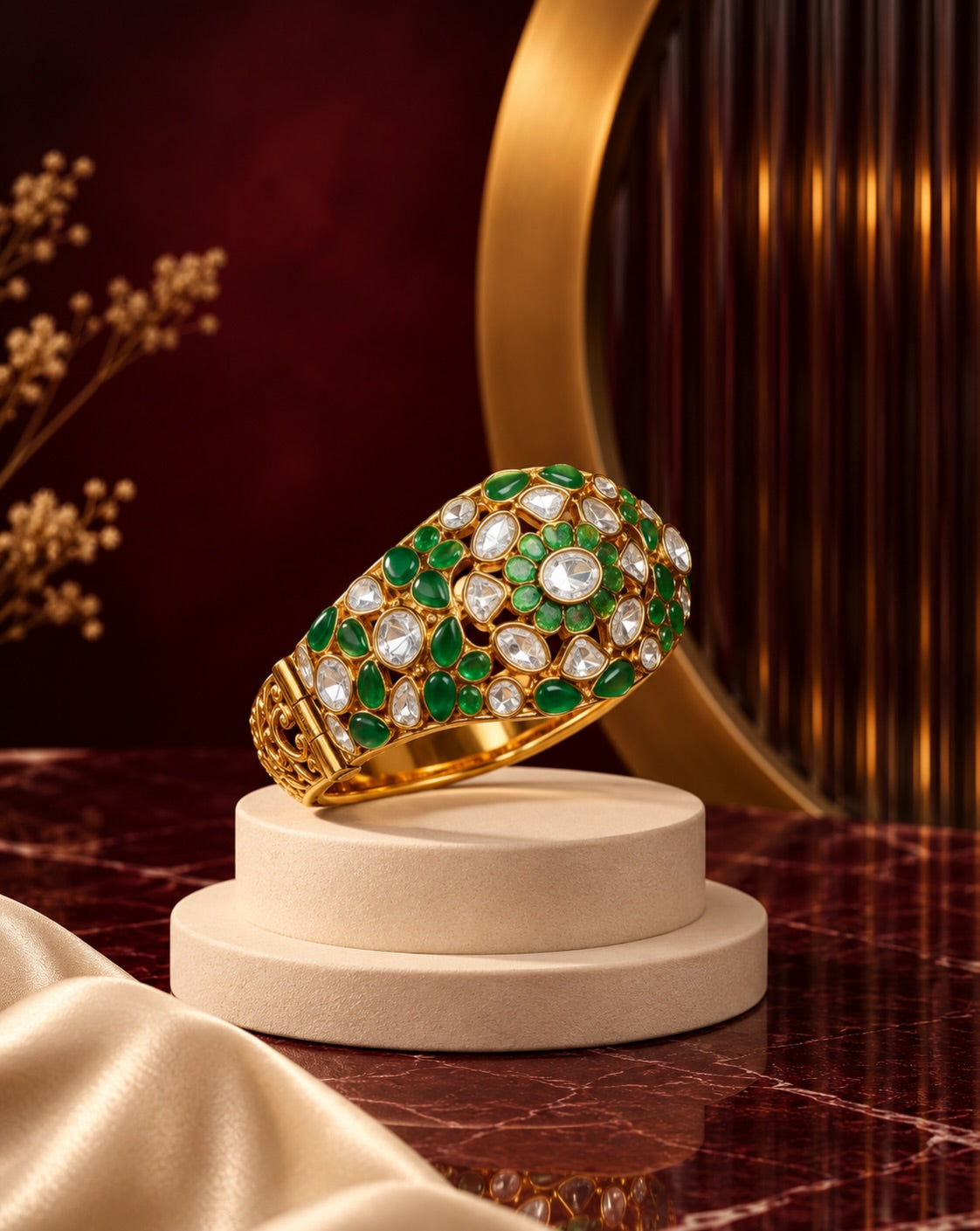 Emerald Green and Polki Broad Statement Bangle – image 1