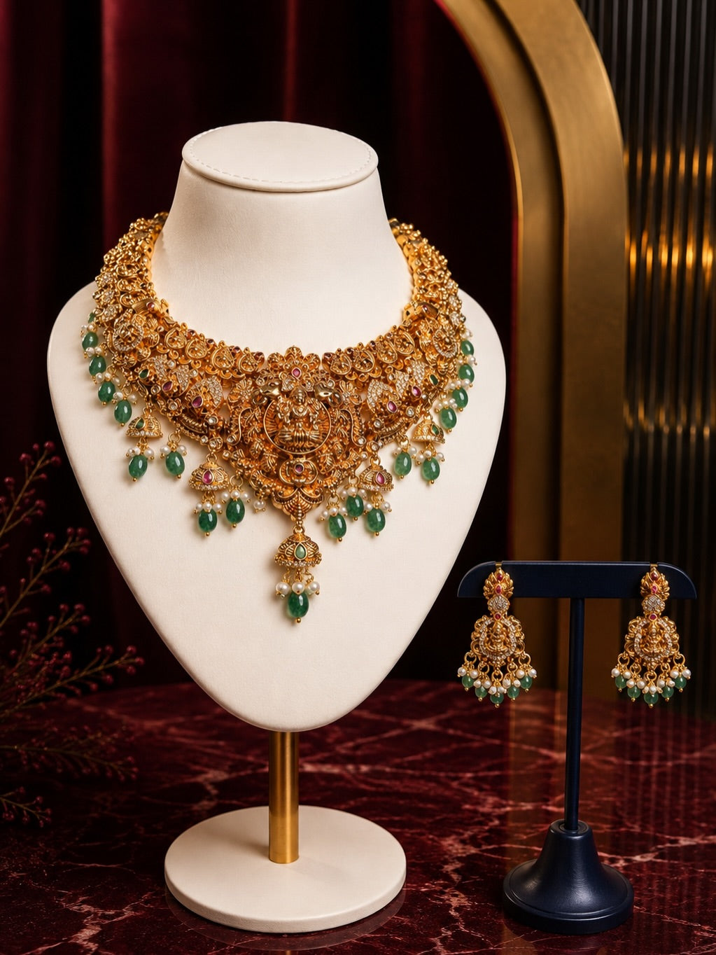 Nagas Lakshmi Necklace Set with Green Beads – image 1