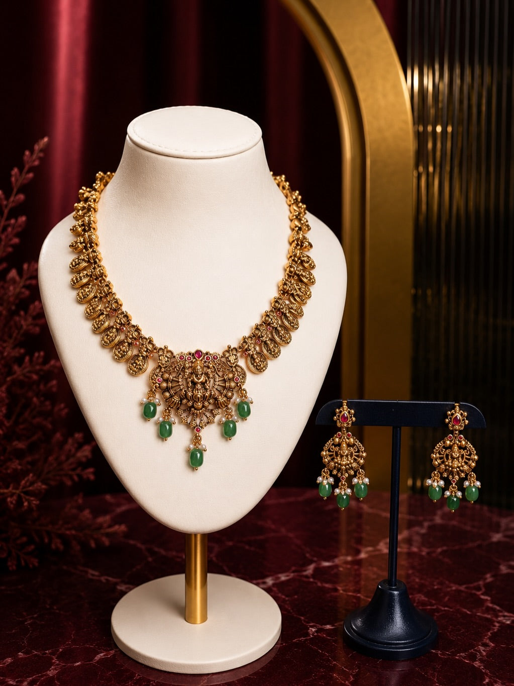 Lakshmi Temple Coin Necklace Set with Green Drops – image 1