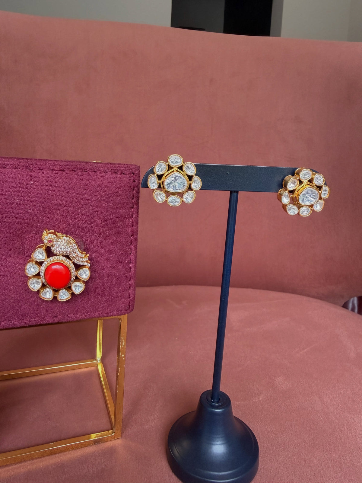 Ruby Red Polki Pendant and Stud Earrings Set – image 2