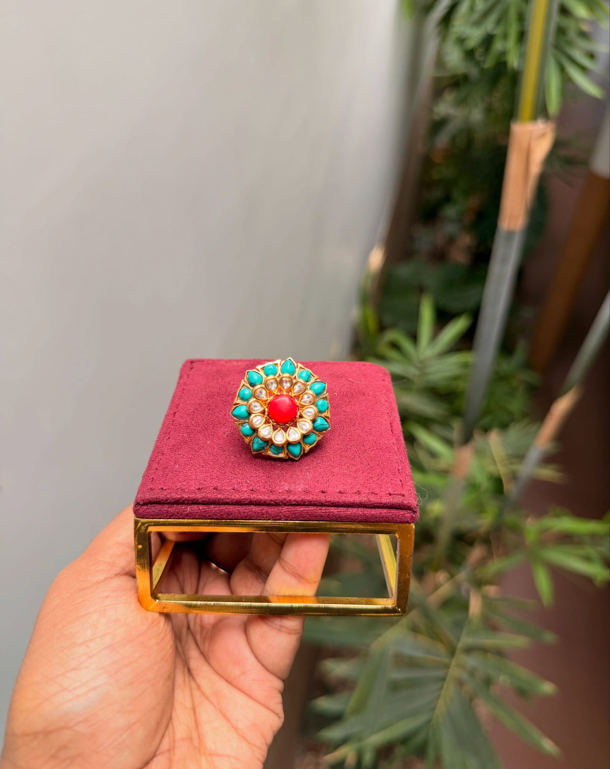 Turquoise and Ruby Kundan Statement Ring – image 2