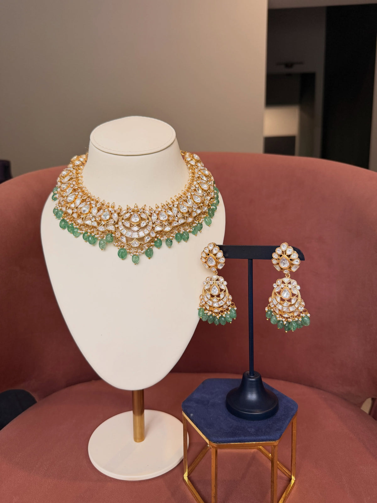 Polki Kundan Choker Set with Green Drops – image 2