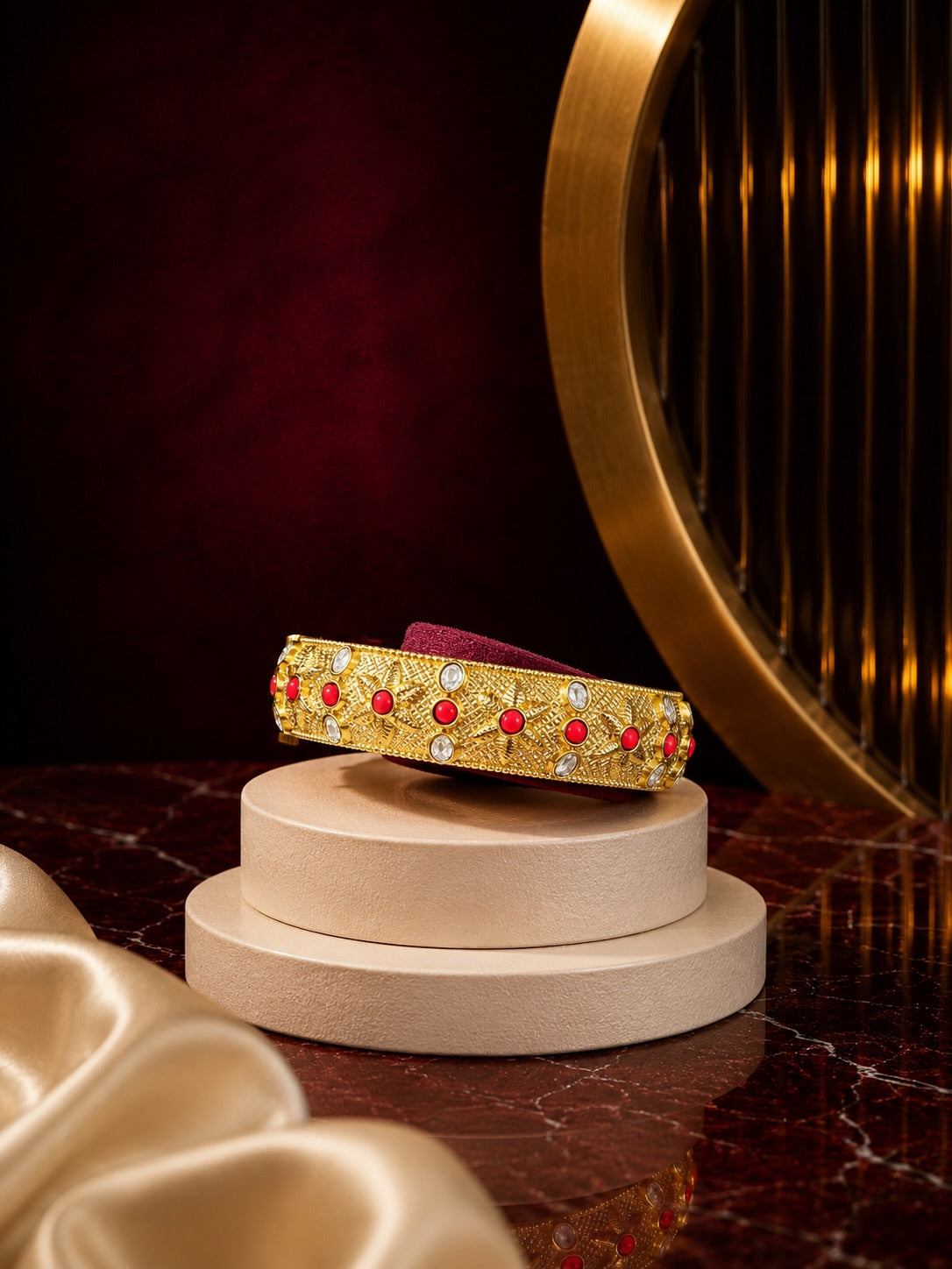 Antique Gold Ruby Textured Statement Bangle – image 1