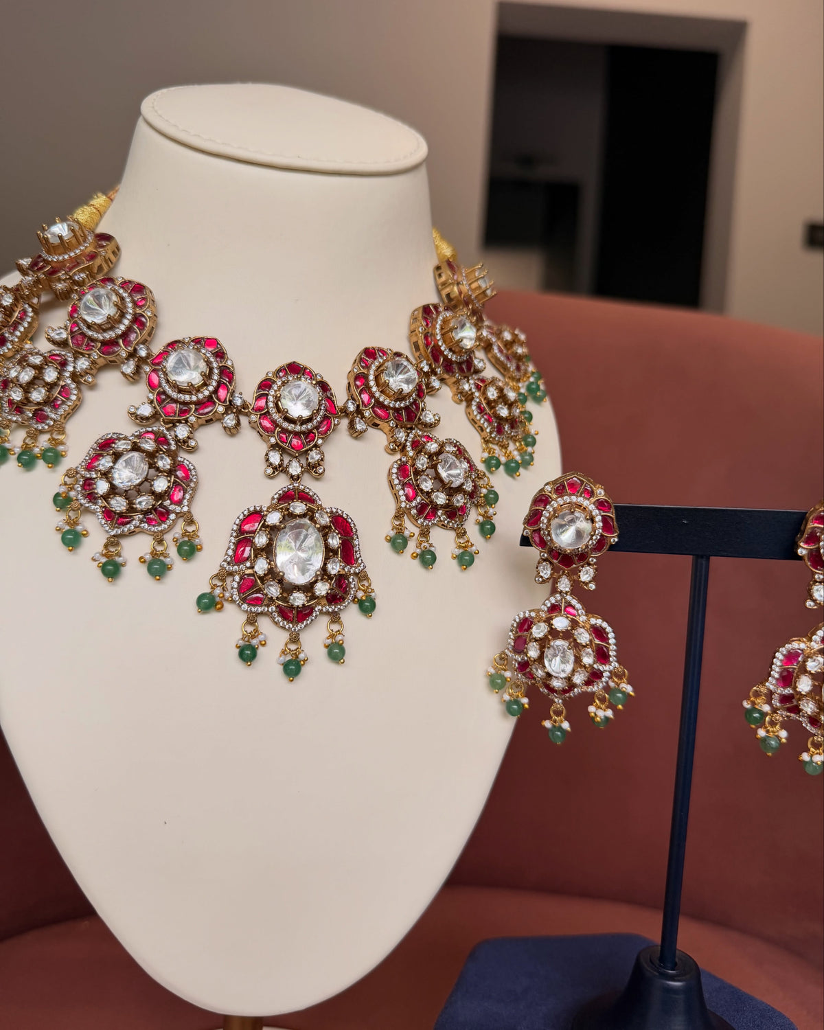 Ruby and Green Polki Statement Necklace Set – image 3