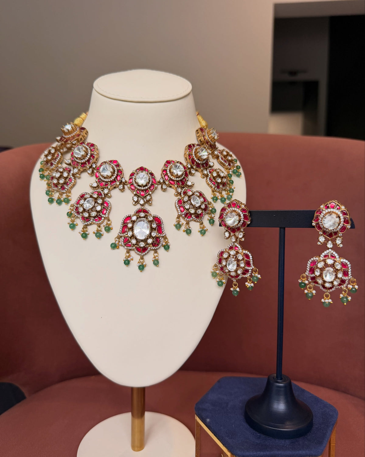 Ruby and Green Polki Statement Necklace Set – image 2