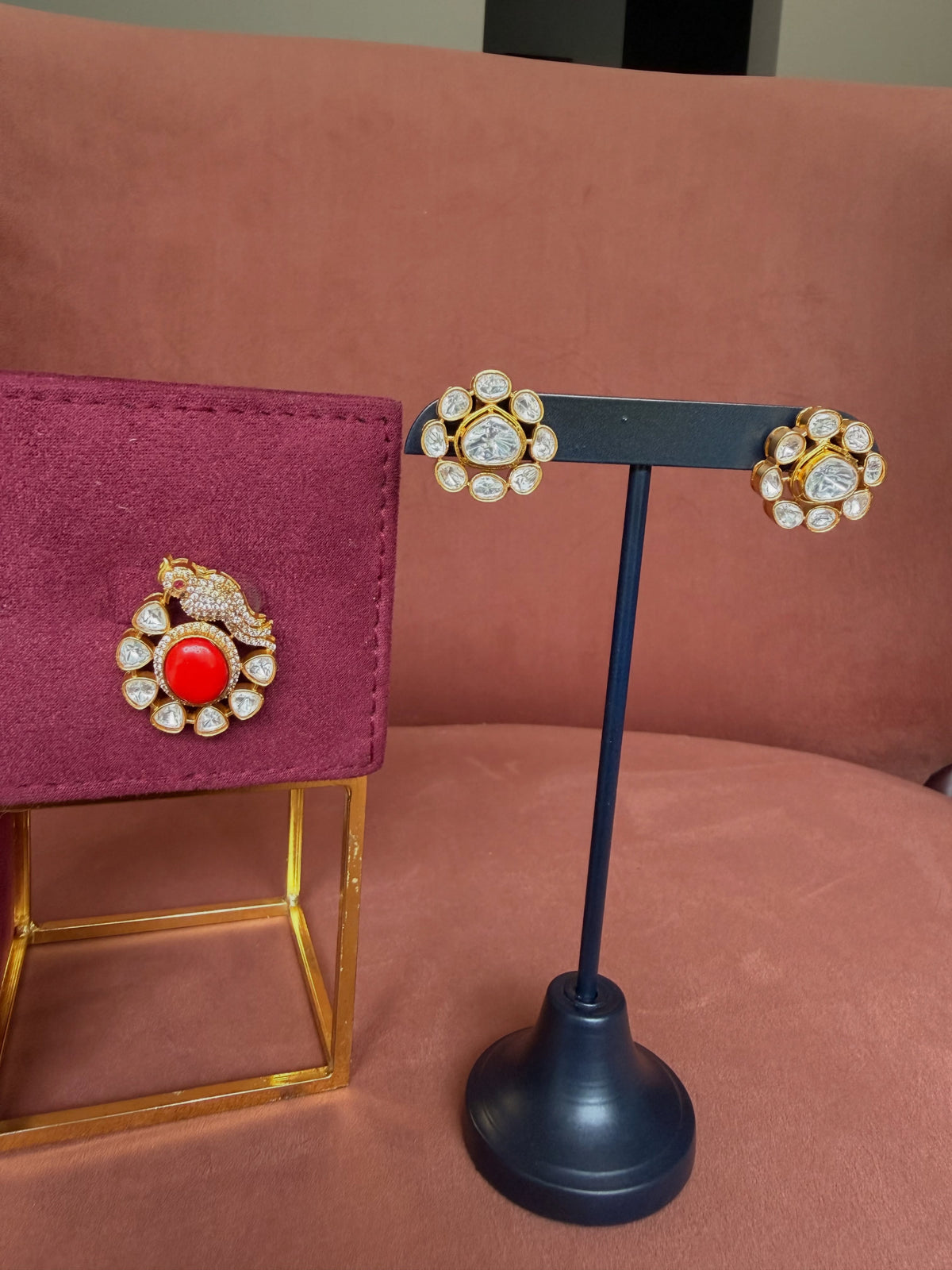 Ruby Red Polki Pendant and Stud Earrings Set – image 3