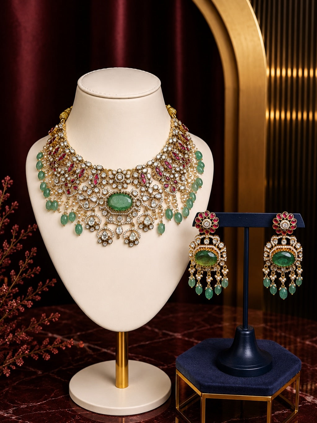 Polki Emerald Statement Necklace Set – image 1