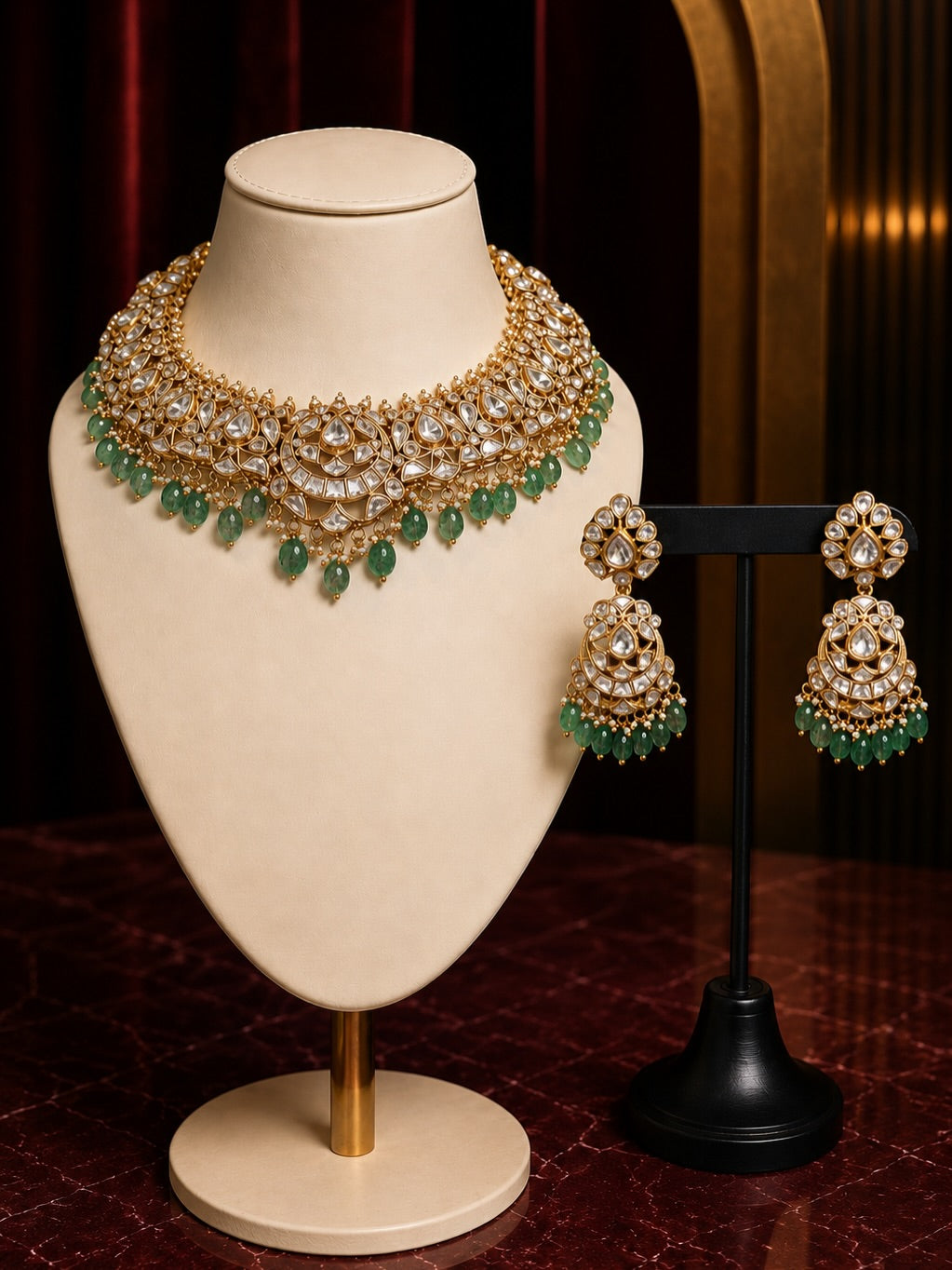 Polki Kundan Choker Set with Green Drops – image 1