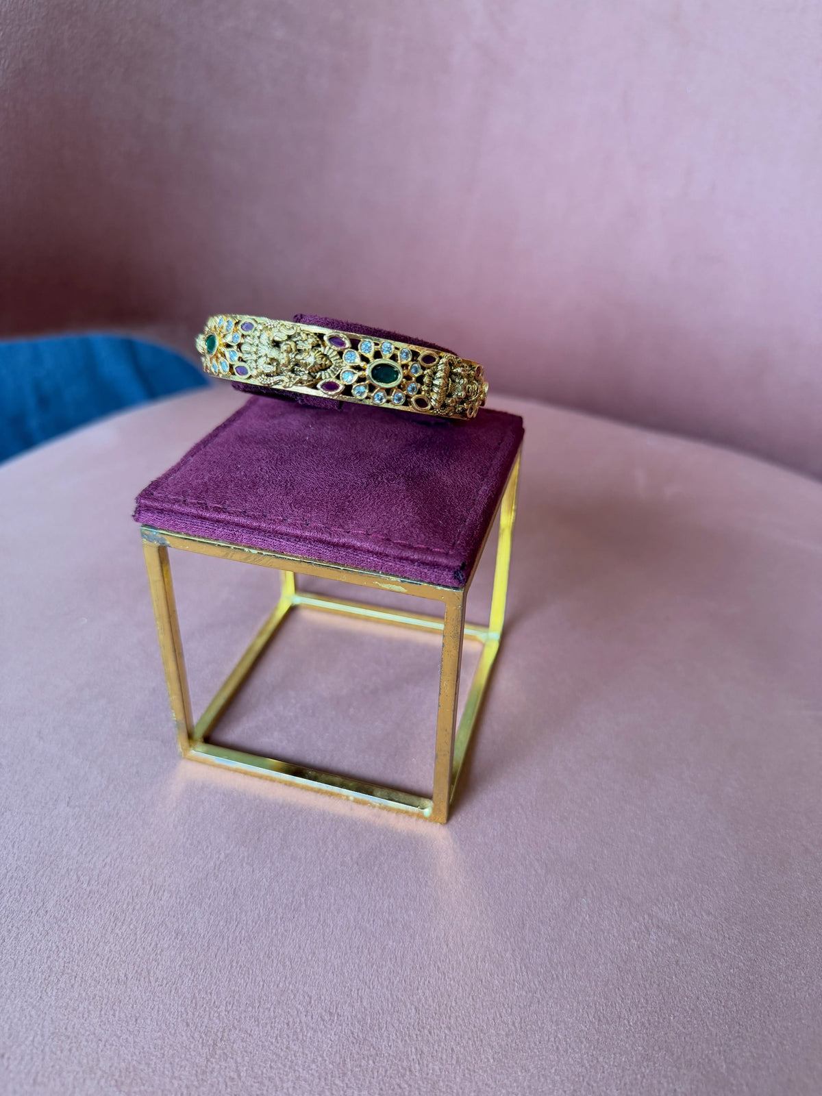 Antique Gold Peacock Slim Bangle with Multicolour Stones – image 3