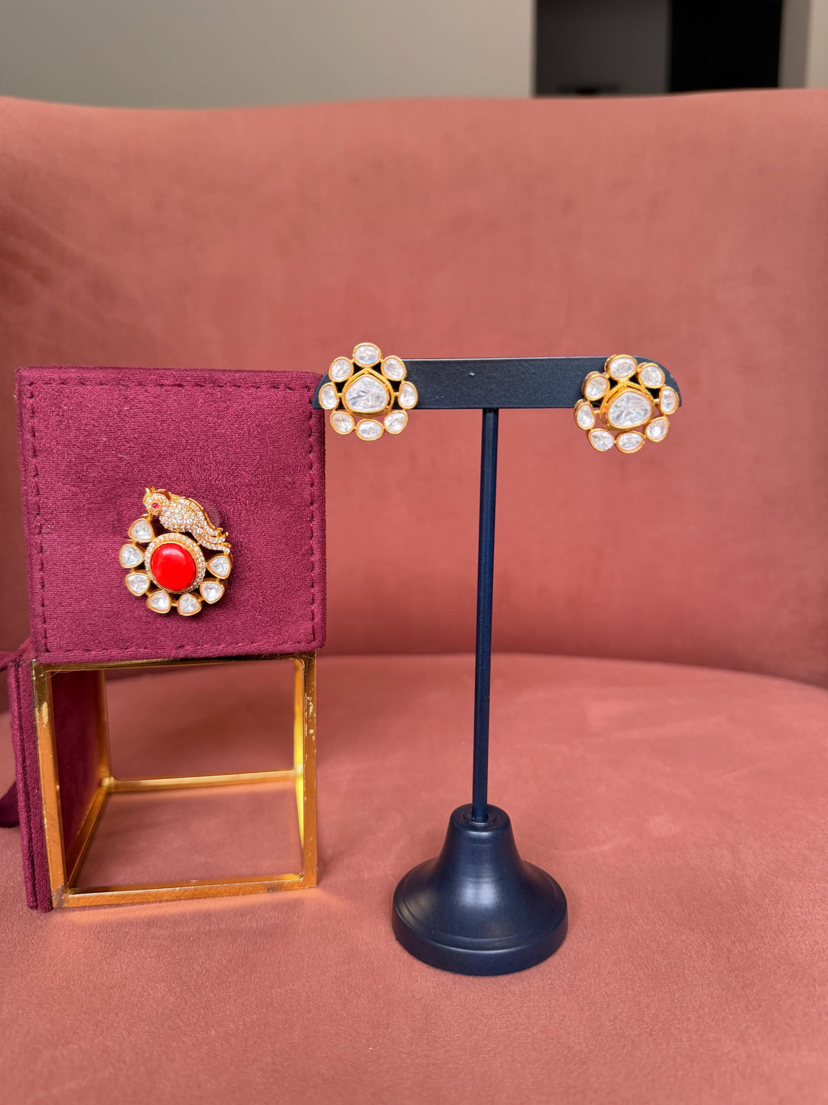 Ruby Red Polki Pendant and Stud Earrings Set – image 4