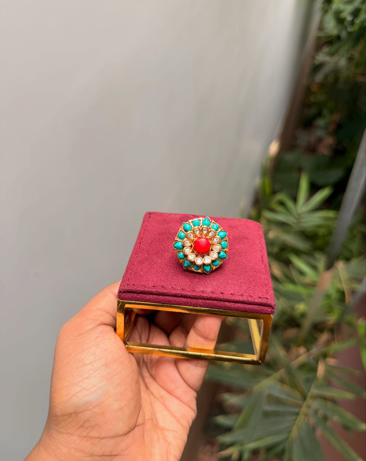Turquoise and Ruby Kundan Statement Ring – image 3