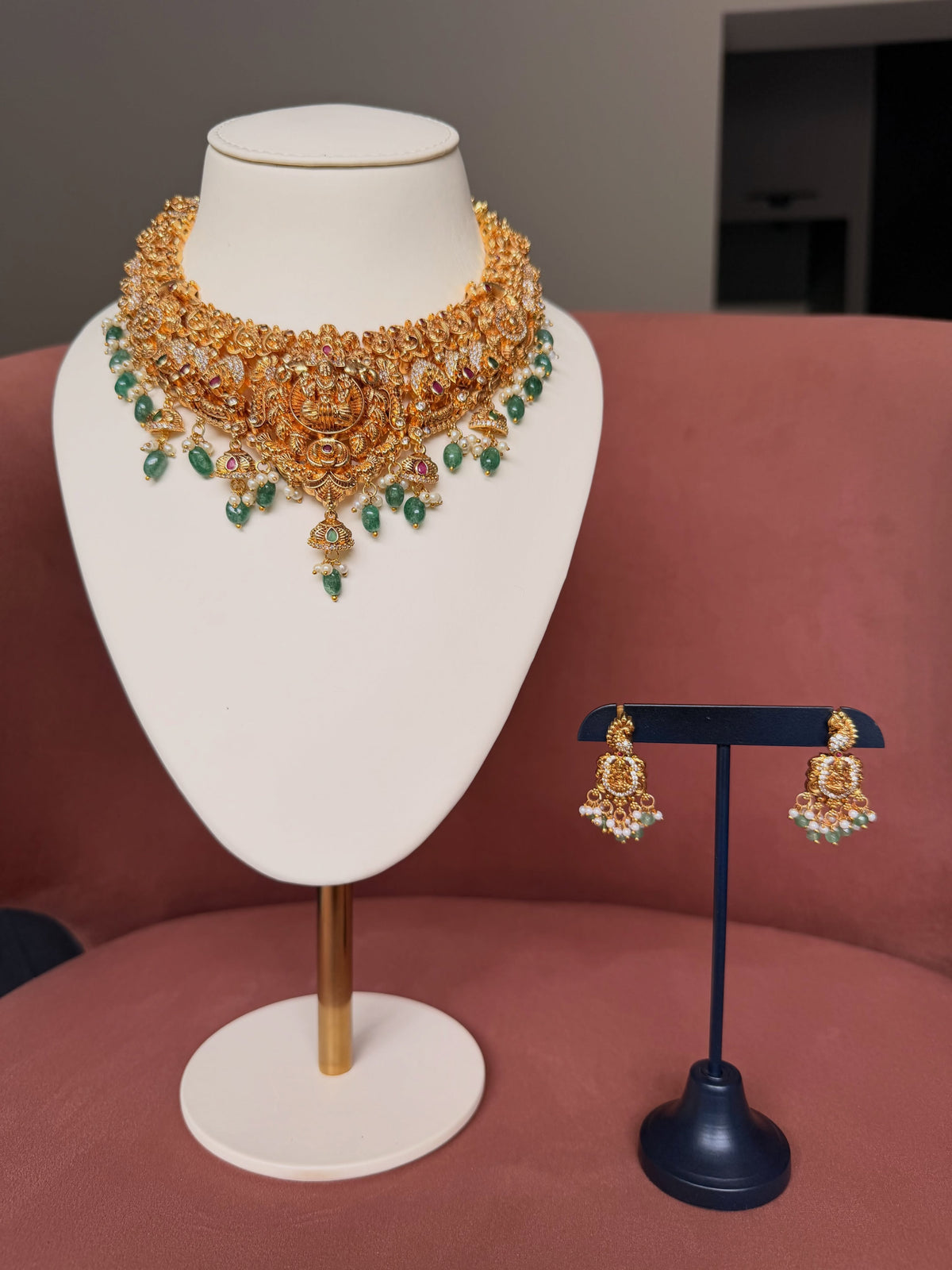 Nagas Lakshmi Necklace Set with Green Beads – image 2