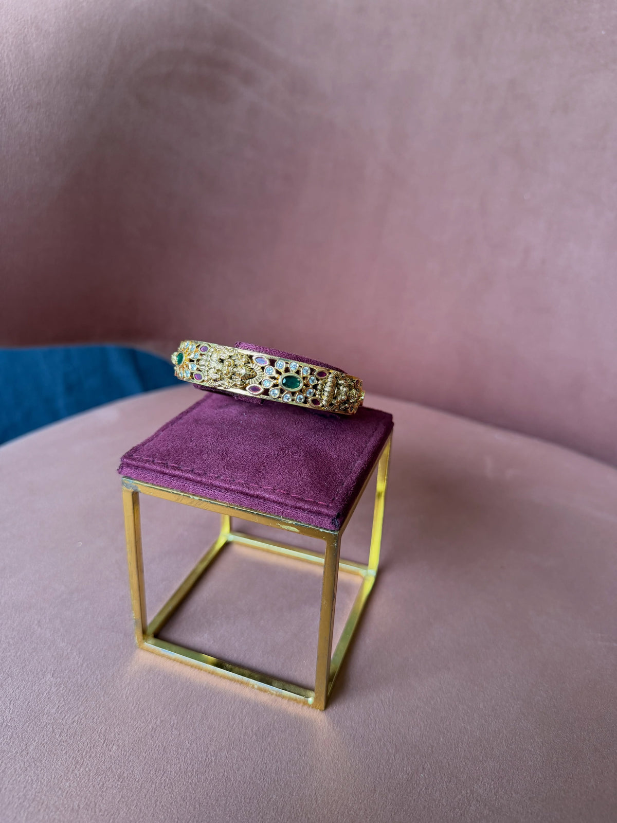 Antique Gold Peacock Slim Bangle with Multicolour Stones – image 4