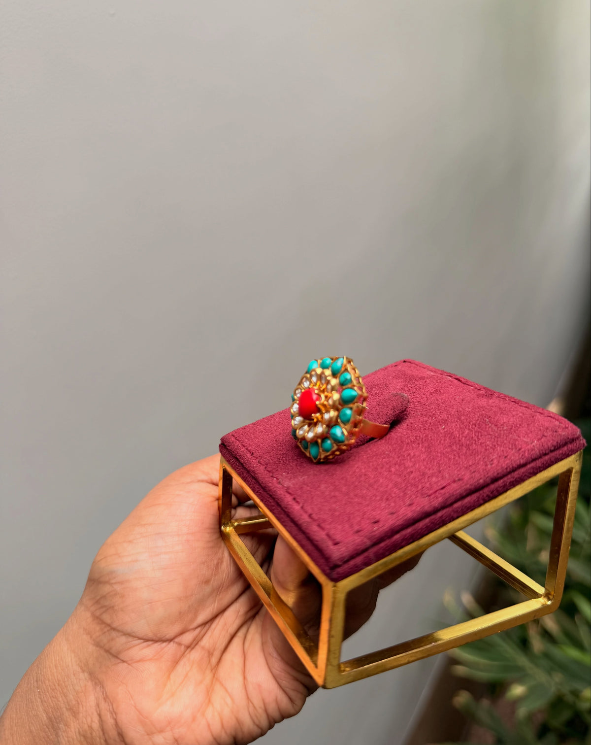 Turquoise and Ruby Kundan Statement Ring – image 4