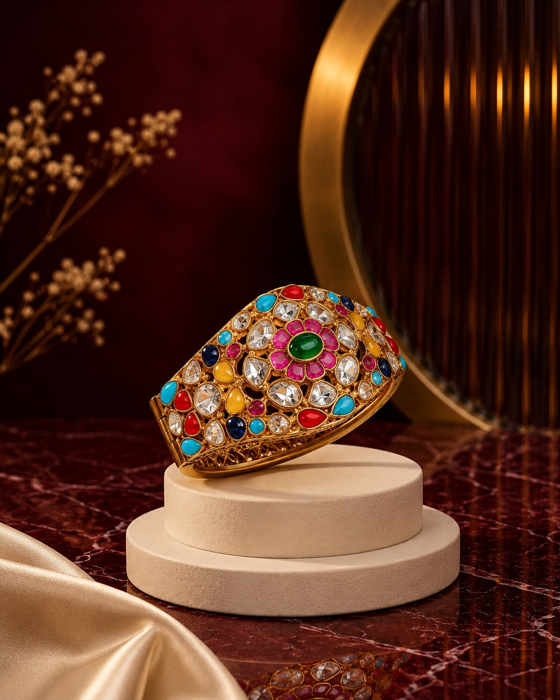 Multicolour Navratna Polki Broad Bangle – image 1