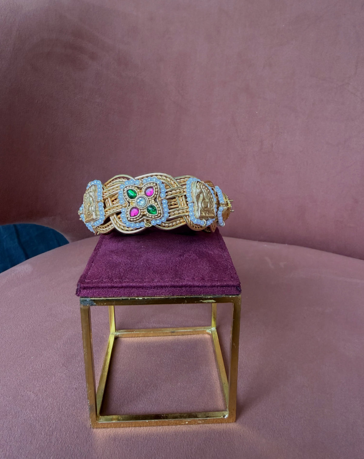 Antique Gold Navratna Temple Openwork Bangle – image 2