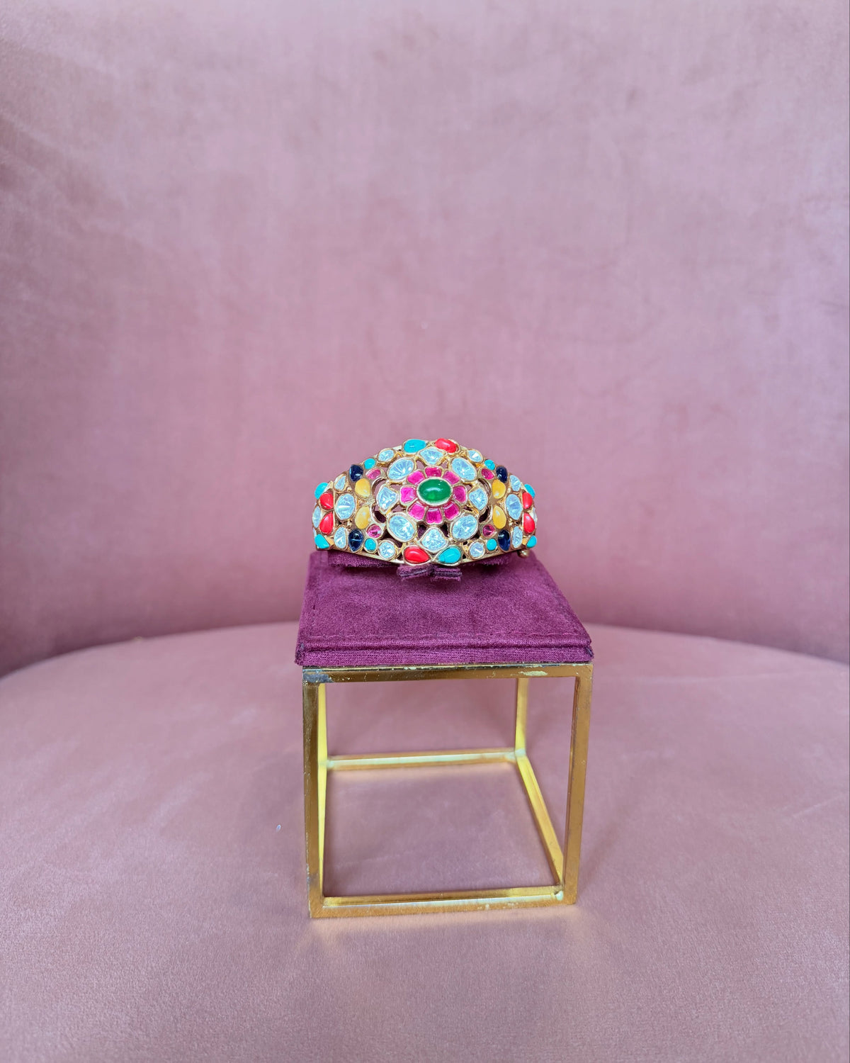 Multicolour Navratna Polki Broad Bangle – image 2