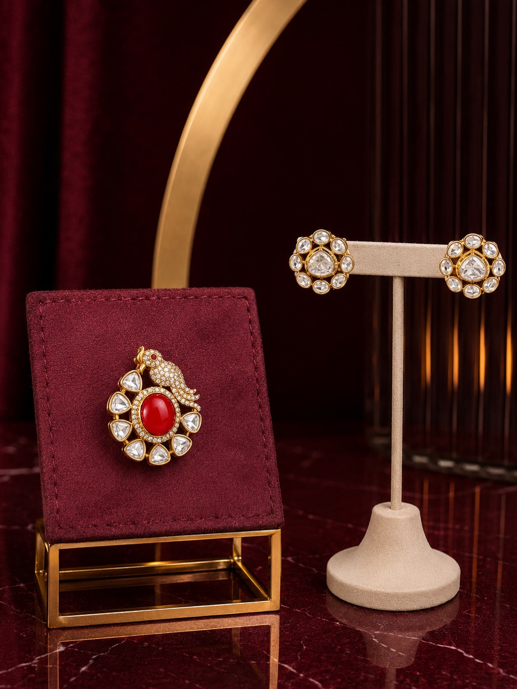 Ruby Red Polki Pendant and Stud Earrings Set – image 1