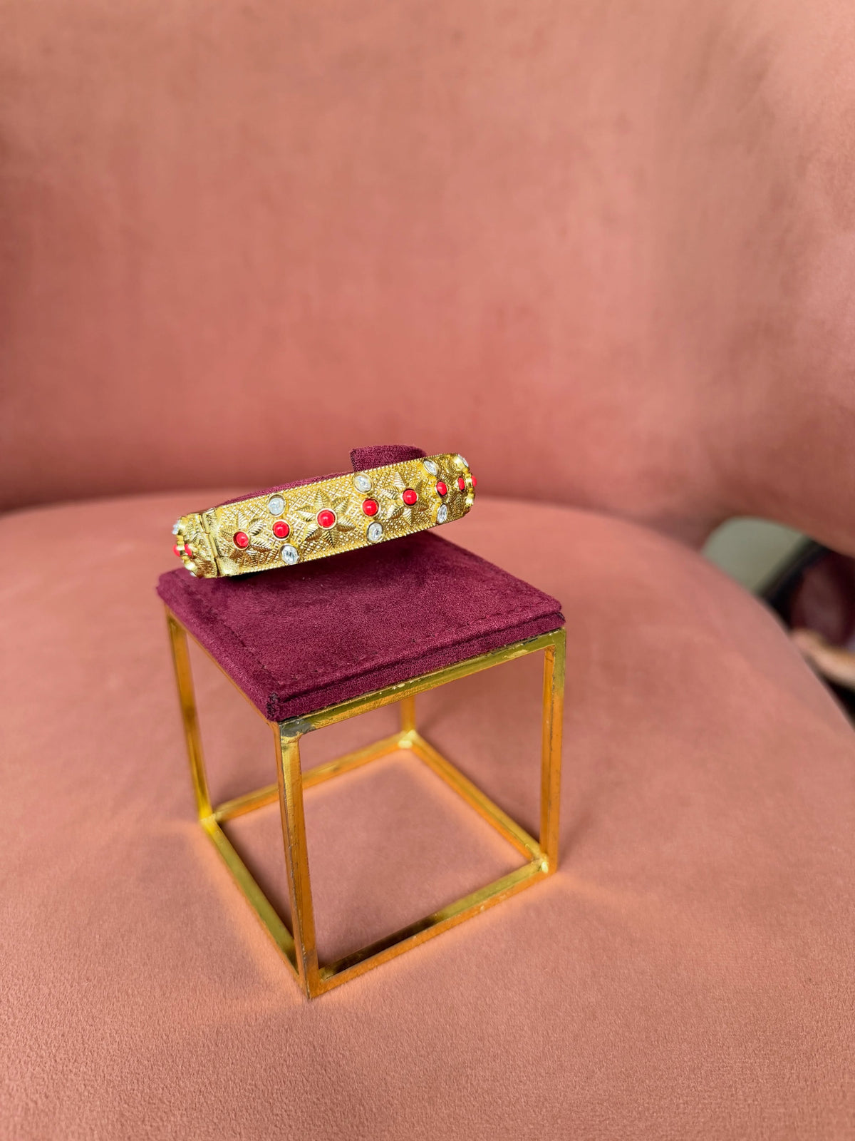 Antique Gold Ruby Textured Statement Bangle – image 2