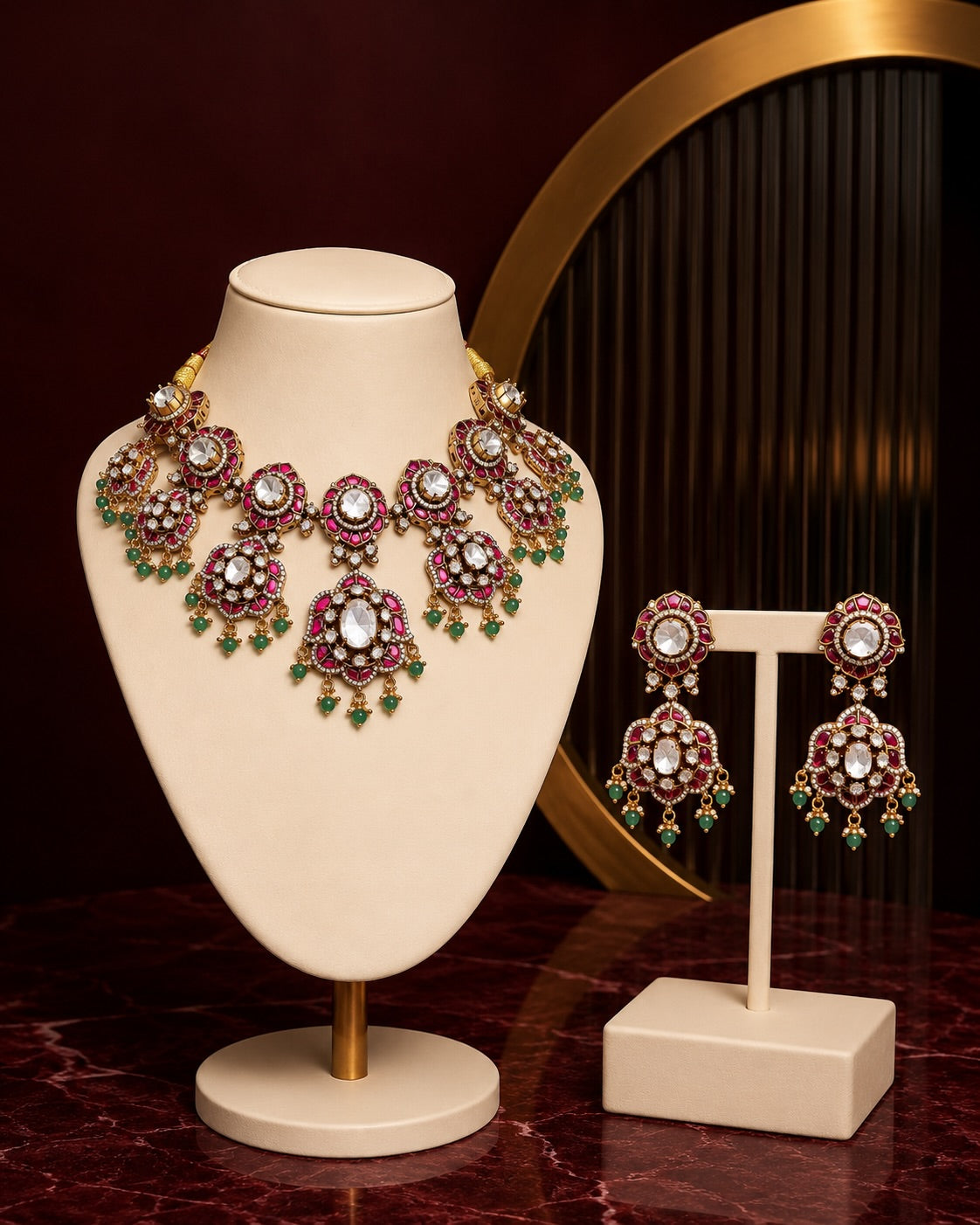 Ruby and Green Polki Statement Necklace Set – image 1
