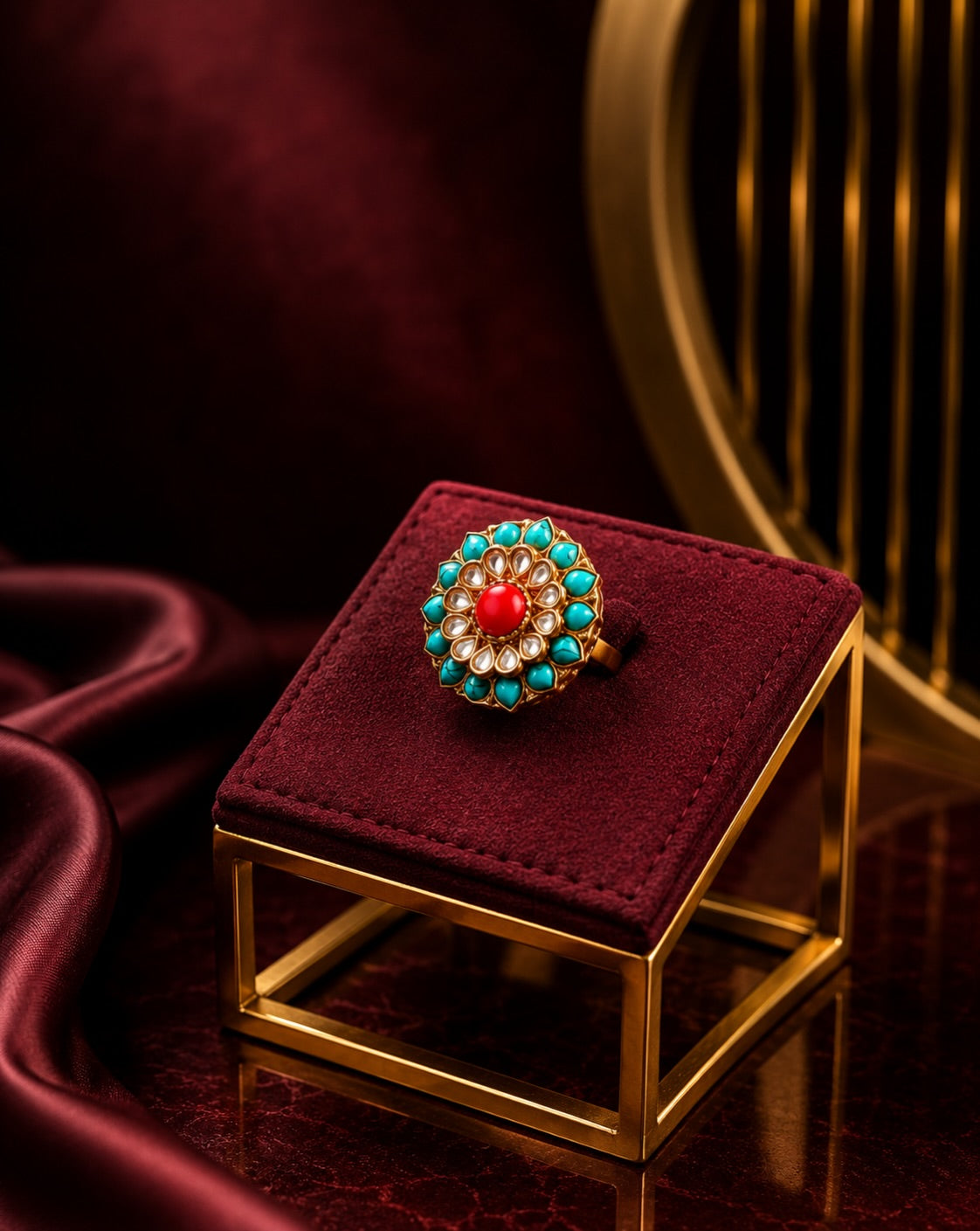 Turquoise and Ruby Kundan Statement Ring – image 1