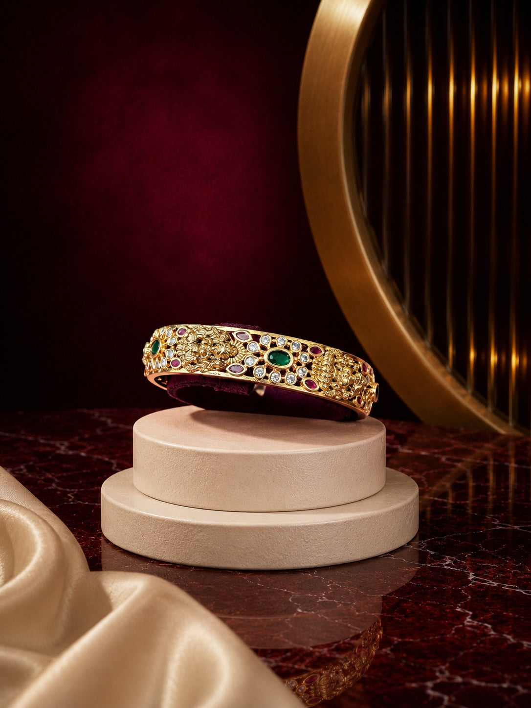 Antique Gold Peacock Slim Bangle with Multicolour Stones – image 1