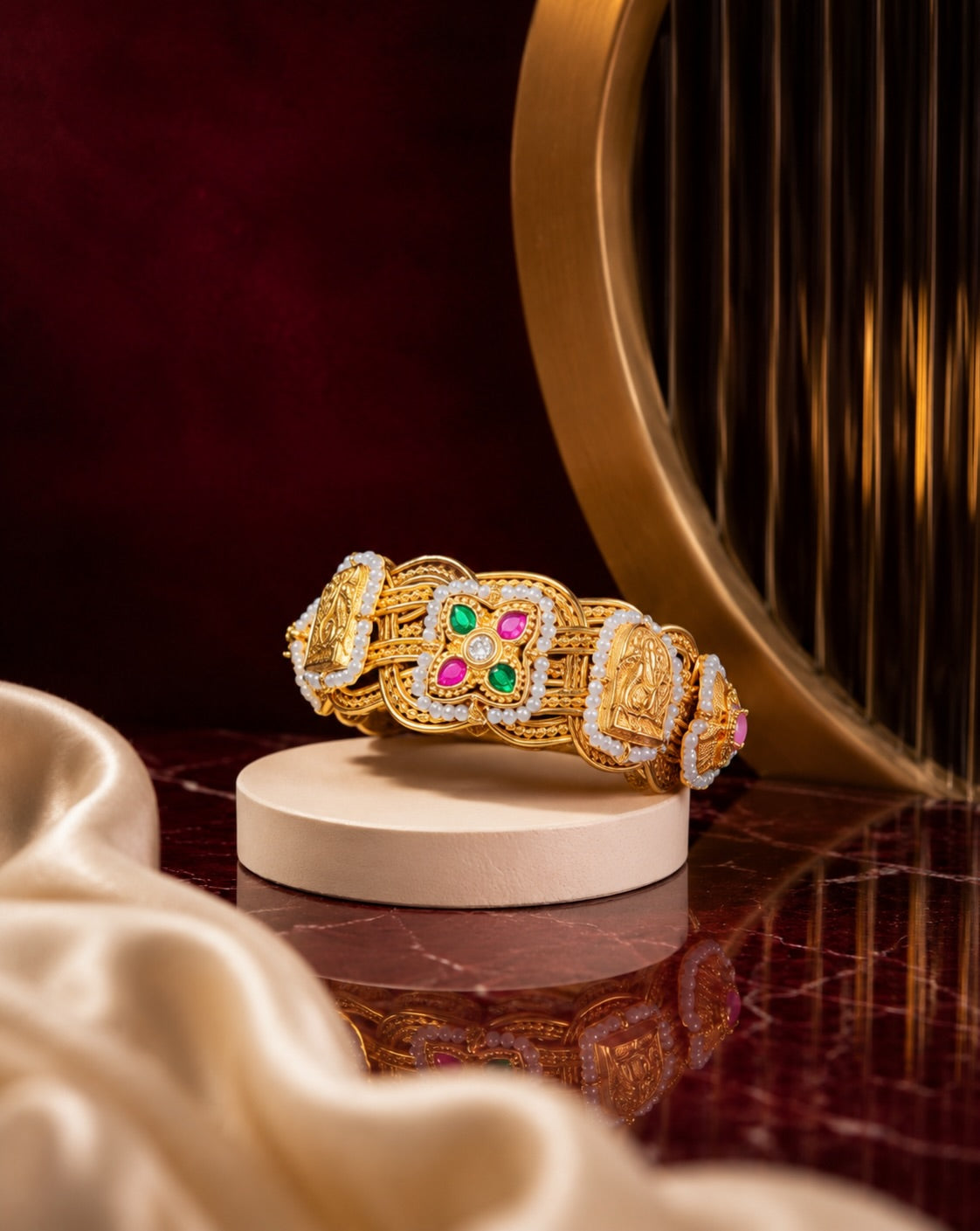 Antique Gold Navratna Temple Openwork Bangle – image 1