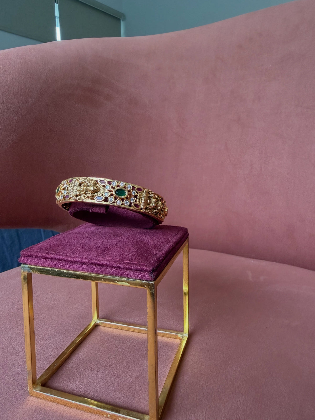 Antique Gold Peacock Slim Bangle with Multicolour Stones – image 2
