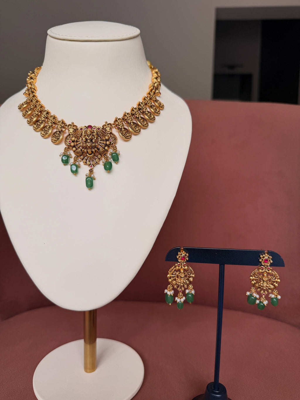 Lakshmi Temple Coin Necklace Set with Green Drops – image 2