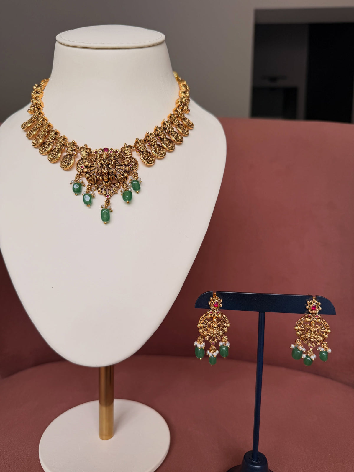 Lakshmi Temple Coin Necklace Set with Green Drops – image 2