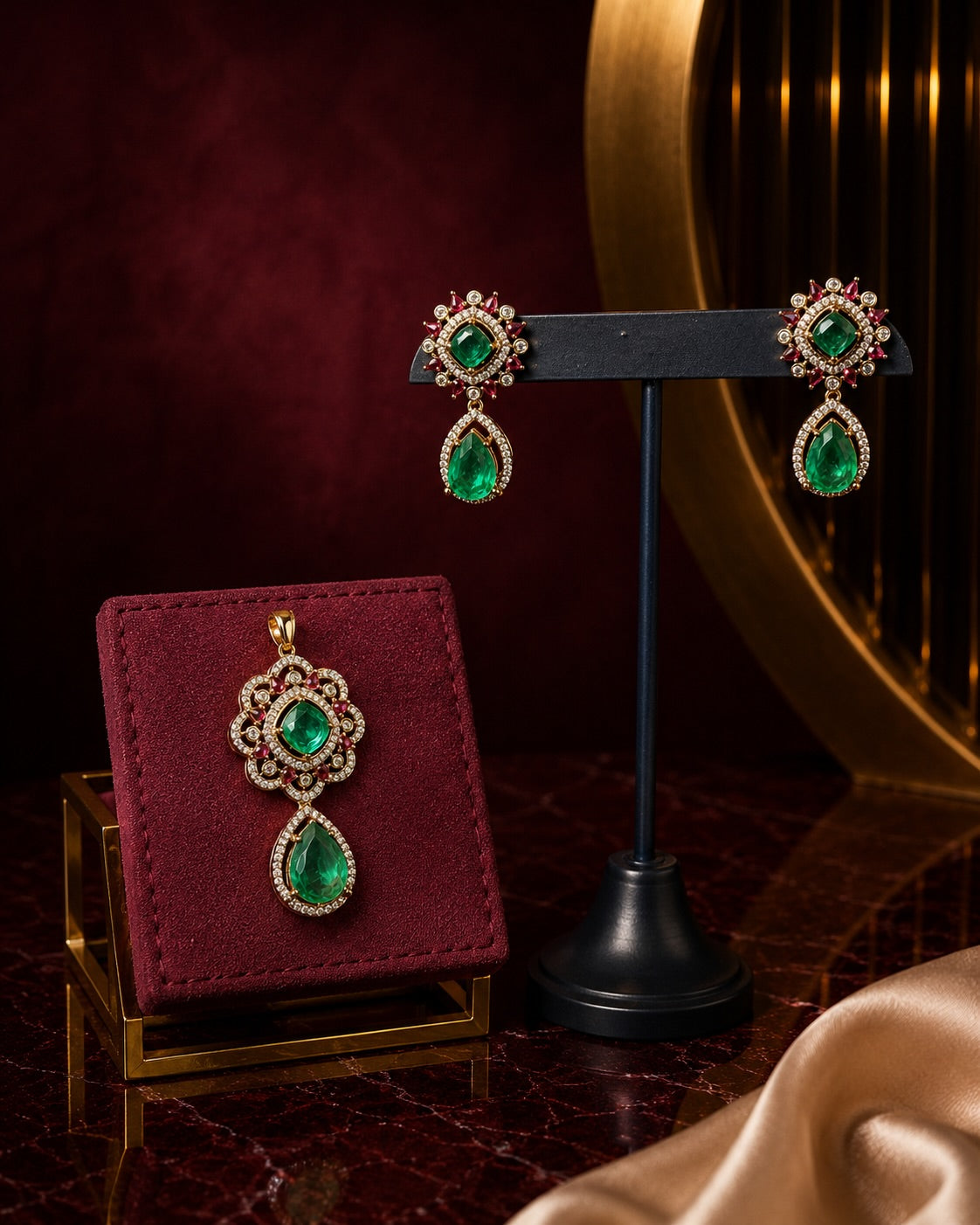 Emerald Green Drop Pendant and Earrings Set – image 1
