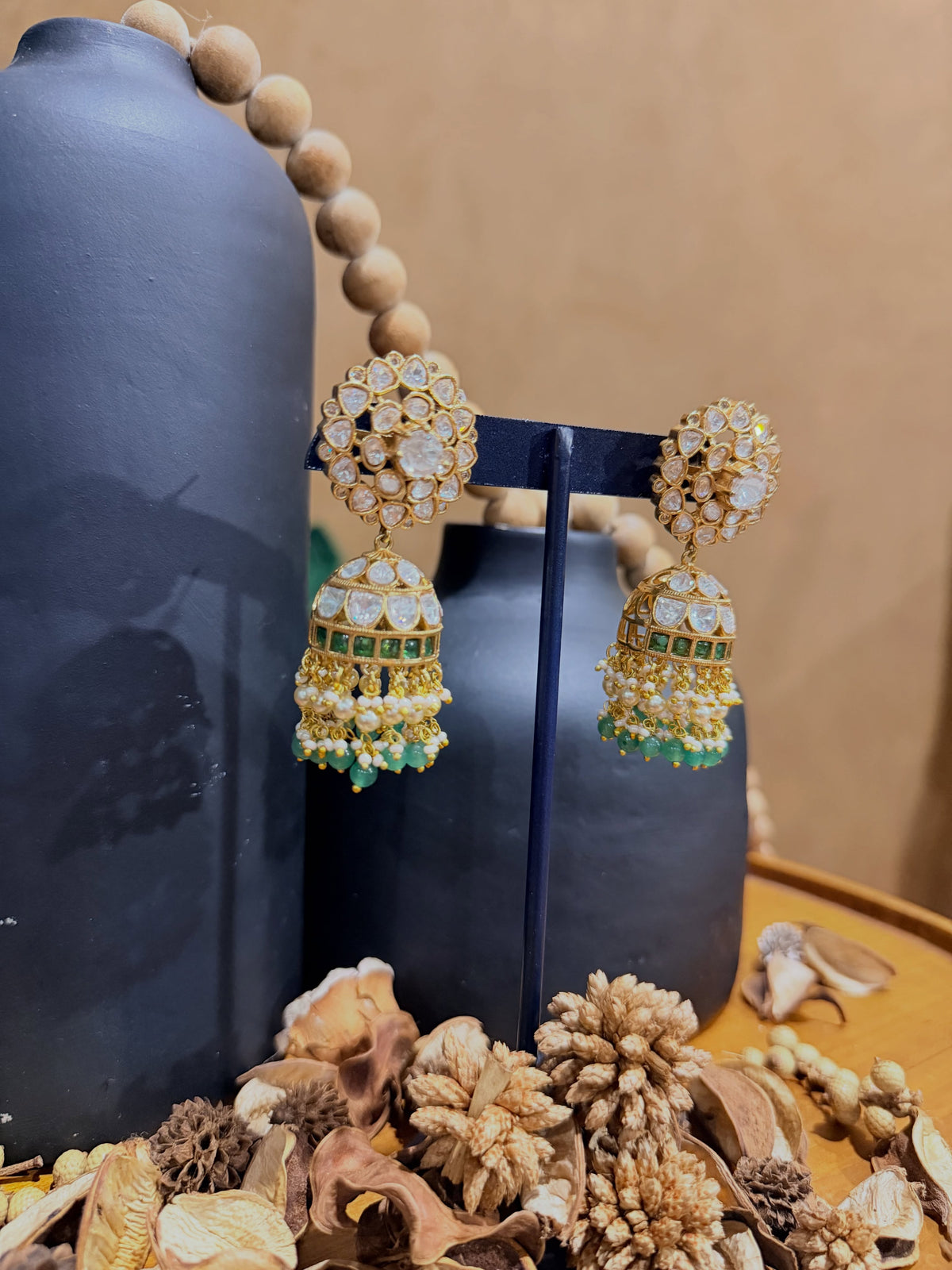KPK103 Green Kundan Jhumka Earrings with Pearl Drops – view 2
