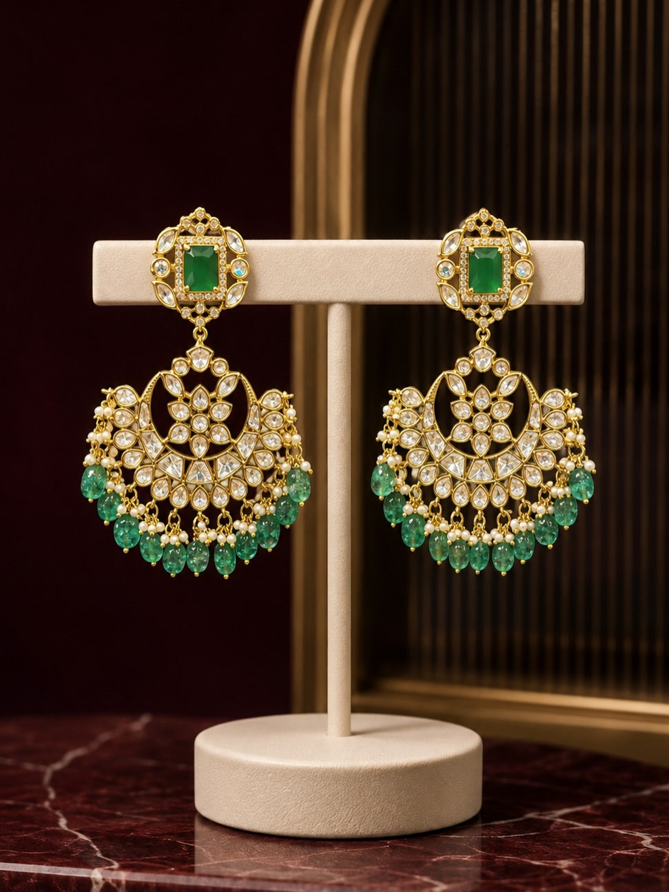 KPK104 Green Kundan and Polki Chandbali Earrings